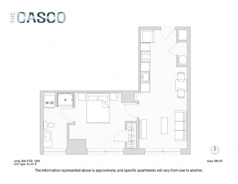 Floor plan for 1 bed, 1 bath, 586 sqft